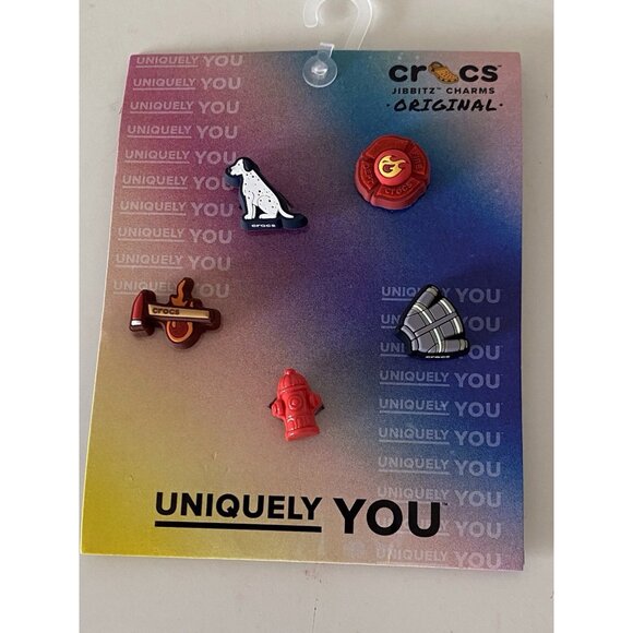 5 Pack CROCS Jibbitz Charms Tiny Fire Truck Dalmatian Dog Hydrant Ax Jacket NEW - Picture 1 of 8